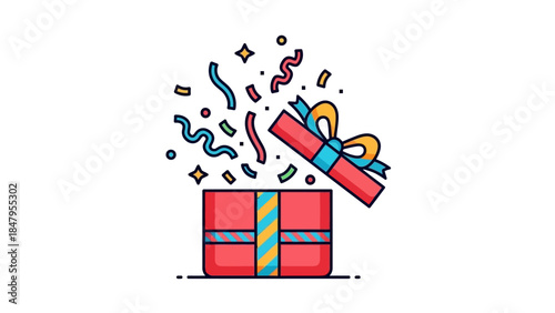 A vibrant illustration of a red gift box with a blue and yellow ribbon, exploding with colorful confetti and ribbons on a white background, symbolizing a happy new year 2026 celebration.