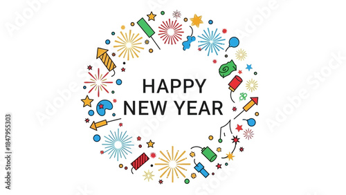 Colorful graphic design with 'HAPPY NEW YEAR' text surrounded by festive fireworks, confetti, and party horns on a white background, conveying a joyful and celebratory mood for 2026.