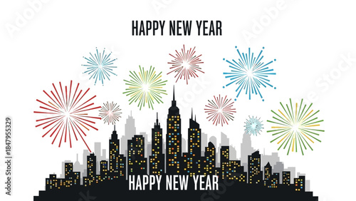 Graphic illustration of a city skyline with fireworks exploding in the sky and Happy New Year 2026 text on a white background, conveying a celebratory mood.