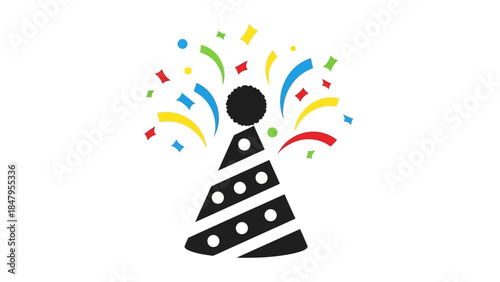 A minimalist black icon of a party popper with colorful confetti and streamers on a white background, symbolizing happy new year 2026 celebrations.