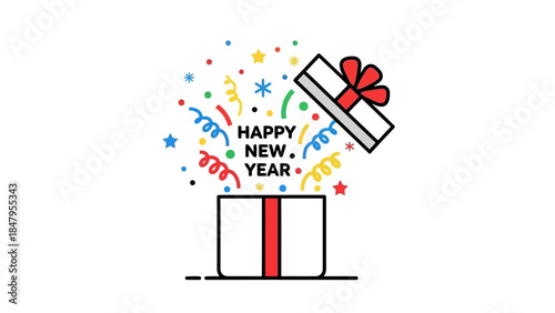 Illustration of a gift box with a red ribbon and colorful confetti exploding out, featuring 'Happy New Year' text, against a clean white background with a celebratory mood.