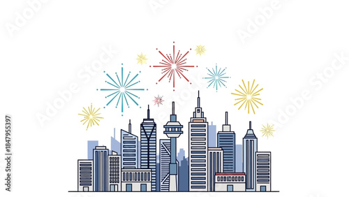 Illustration of a city skyline with colorful fireworks exploding above the buildings, celebrating happy new year 2026 on a white background with a joyful and festive mood.