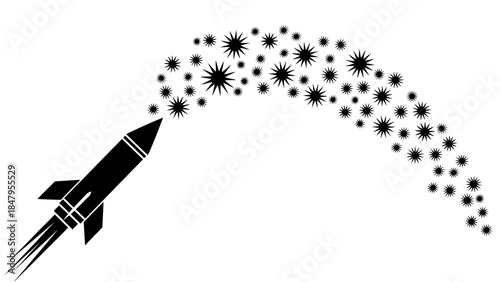 A black rocket silhouette soars upwards, leaving a trail of stars and sparks in a white background, symbolizing a happy new year 2026.