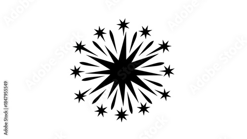 A black graphic illustration of a firework explosion with radiating lines and stars on a white background, symbolizing happy new year 2026 celebrations.