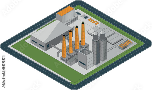 Industrial Power Plant Isometric Vector Illustration — Energy Production and Factory Concept