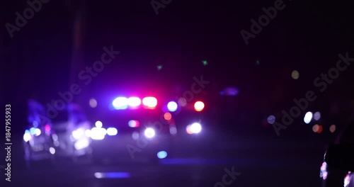 Abstracted illuminated night view of police units on a city street.