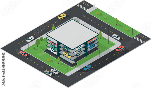 Isometric city parking building vector illustration — multi-level car park with surrounding roads and vehicles