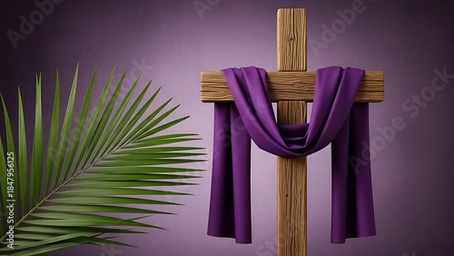 Lenten Season Still Life with Wooden Cross Purple Cloth and Palm Frond Symbolizing Reflection Sacrifice and Renewal during Holy Week Preparing for Easter Sunday
