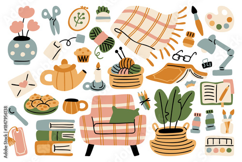 Cozy home hobby collection in warm tones