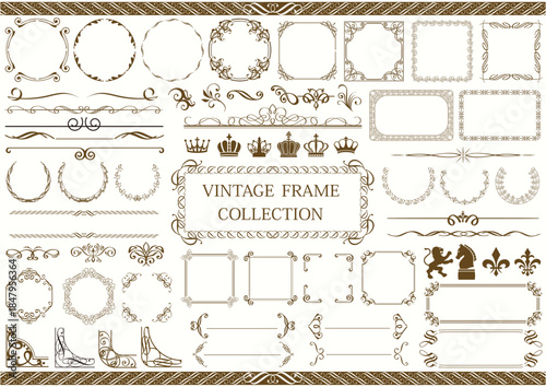 Vintage Frame Collection with Ornate Borders, Crowns, Flourishes, and Heraldic Symbols