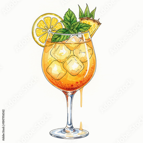 A tall glass filled with a bright orange cocktail features ice cubes and is garnished with a slice of lemon, mint leaves, and a piece of pineapple. This drink embodies summer vibes.