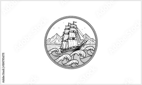 Sailing the Seas: A majestic sailing ship navigates the ocean's vastness, with intricate details of the ship, mountains, and waves enclosed within a circular emblem of adventure.