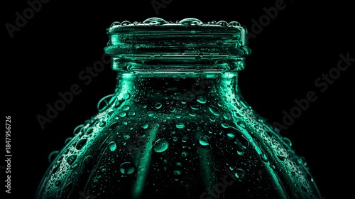 Macro Emerald Green Bottle Neck With Cold Water Droplets On Black