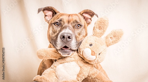 Cozy dog hugging plush bunny in soft neutral home setting
