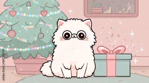 Pastel kawaii white fluffy cat with gift box and Christmas lights illustration