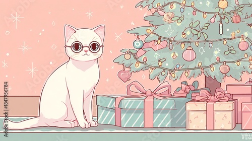 Cute White Cat Wearing Glasses by a Pastel Christmas Tree Illustration