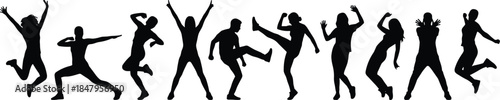 Dancing people silhouettes set energetic happy movements celebration party freedom joy isolated black human figures on white background collection