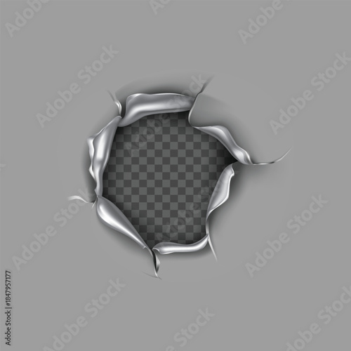 Realistic torn metal sheet effect revealing a transparent background with jagged edges and texture
