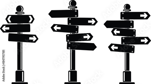 Directional signpost vector set, black road arrow signs, navigation guidance symbols, travel destination pointers, wayfinding design elements