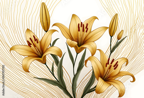 A stunning arrangement of golden lilies showcases intricate petal details and vibrant red stamens, complemented by soft flowing lines in the background, creating a harmonious floral composition.