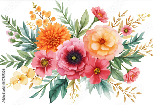 Colorful flowers in various shades of pink, orange, and yellow are arranged beautifully with green leaves. The design is fresh and vibrant, perfect for spring decorations.