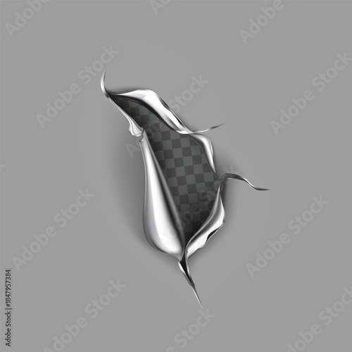 Realistic torn metal sheet effect revealing a transparent background with jagged edges and texture