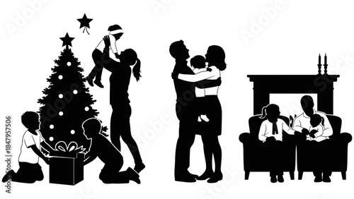 Silhouette of a happy family celebrating christmas with a decorated tree, opening presents, hugging, and relaxing by the fireplace