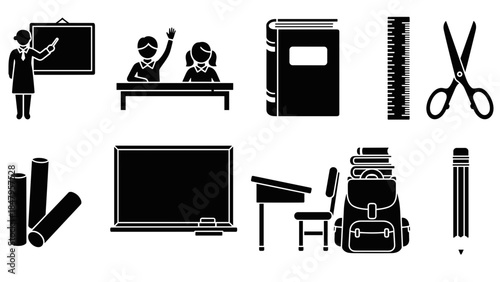Set of black and white icons representing school supplies, classroom elements, and educational objects