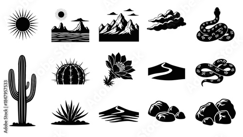 Collection of black and white icons for desert and arid landscape elements sun, mountains, clouds, snake, cactus, and rocks