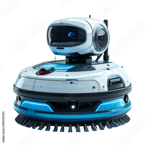 Sleek White and Blue Autonomous Robot with AI Camera and Integrated Cleaning Brushes. Transparent PNG Image