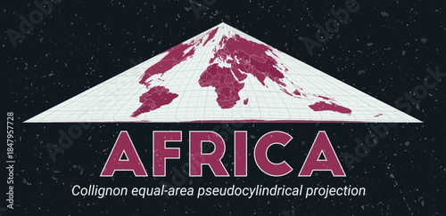 Africa. World map. Collignon equal-area pseudocylindrical projection centered to Africa. Pale Mint Dark Pink palette. Vintage texture. Appealing vector illustration.