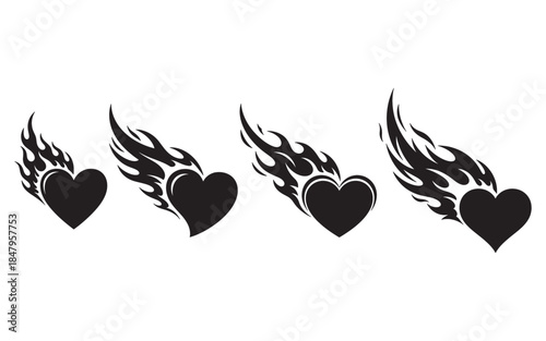 Set of flaming hearts in a retro style, vector graphics