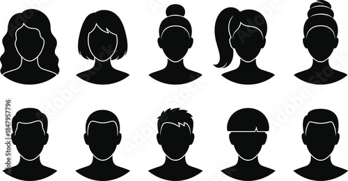 Female and male avatar silhouettes set with diverse hairstyles anonymous user profile icons isolated black vector illustration minimal flat design
