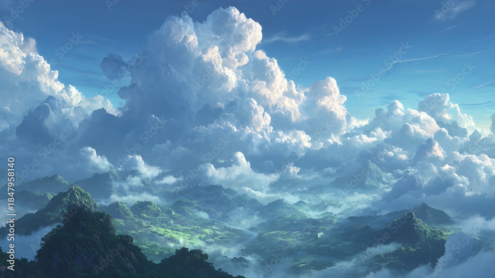 Fototapeta premium Birds-eye view of a whimsical green landscape with winding valleys and endless fields 