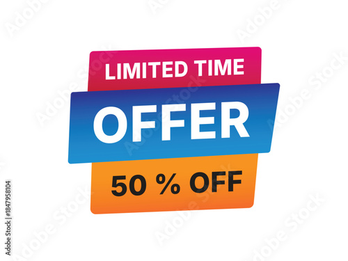 Modern colorful gradient sale banner with limited time offer 50% off text on stacked geometric shapes