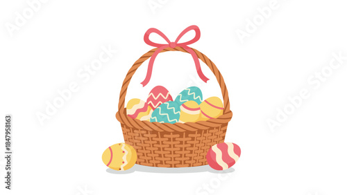 Colorful easter basket filled with decorated eggs and a pink ribbon offers a cheerful springtime scene for celebrations.