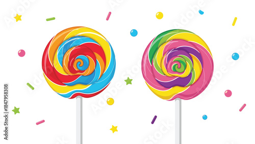 Colorful swirl lollipops with sprinkles and confetti create a cheerful and sweet treat illustration perfect for celebrations and childhood themes.