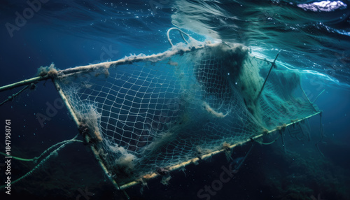 Discarded fishing net, somber symbol of ocean pollution, floats deep underwater. This ghost net creates vast environmental damage in sea, an eerie and forgotten trap