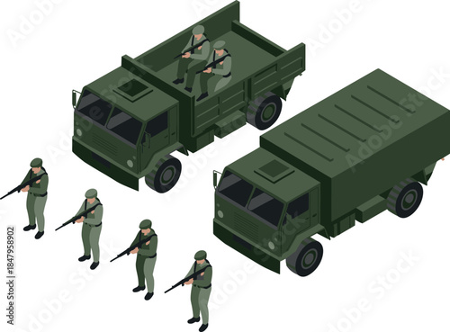Military transport truck vector illustration — army vehicles and soldiers in isometric design for defense and logistics concept