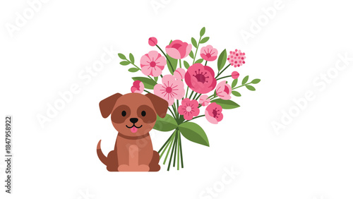 Adorable puppy sits beside a vibrant bouquet of pink and white flowers, creating a heartwarming and cheerful scene.
