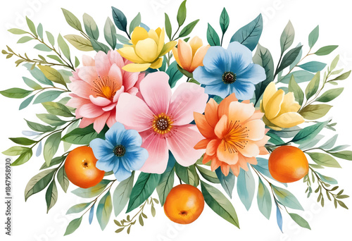 A stunning floral arrangement showcases a variety of colorful flowers including pink, blue, orange blooms along with green leaves and bright oranges, creating a lively atmosphere.