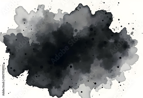 A dynamic watercolor splash features shades of black and gray with varying textures and splatters, creating an expressive and artistic background. This versatile piece suits various designs.