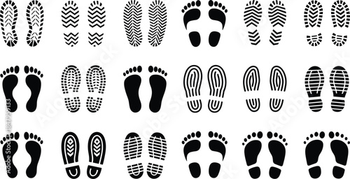 Assortment of Footprint and Shoeprint Icons on White Background sole