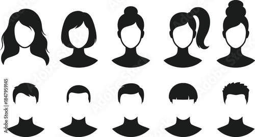 Male and female avatar silhouette icons set with different hairstyles profile head shapes isolated black vector collection