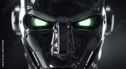 Close-up of an Advanced Metallic Robot Face with Intense Green Glowing Eyes, showcasing Futuristic Cybernetic Design and Dramatic Lighting