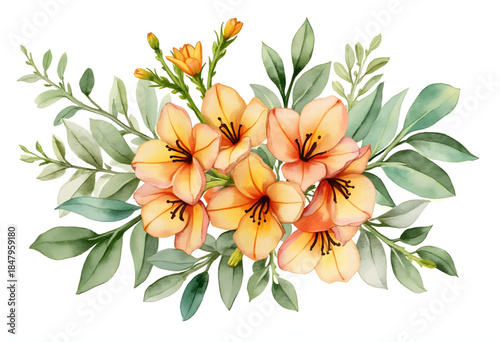 A beautiful arrangement features peach-colored lilies surrounded by fresh green leaves and delicate buds. Perfect for adding a touch of nature to any space.