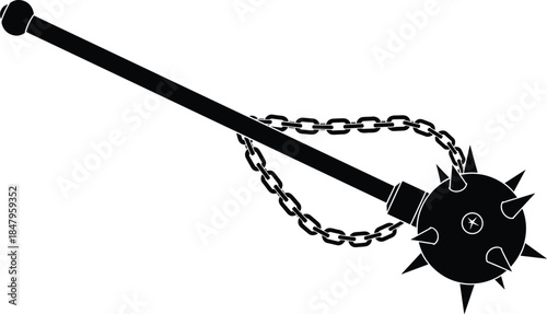 WebMedieval flail weapon illustration, spiked ball chain mace, ancient warfare combat symbol, historical knight weapon vector isolated white background design