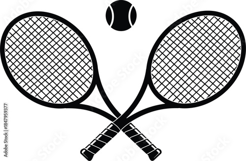 Black silhouette of two crossed tennis rackets and a tennis ball vector illustration