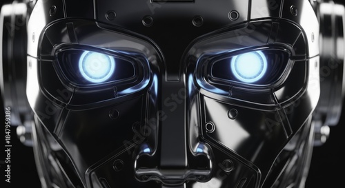 Striking Close-up of a Futuristic Robot Head with Luminous Blue Eyes and Sleek Metallic Design, Embodying Advanced Artificial Intelligence