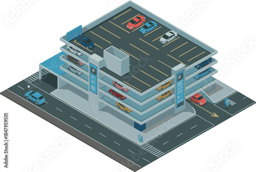 Multilevel Parking Garage Isometric Vector Illustration — Urban Car Parking and Infrastructure Design